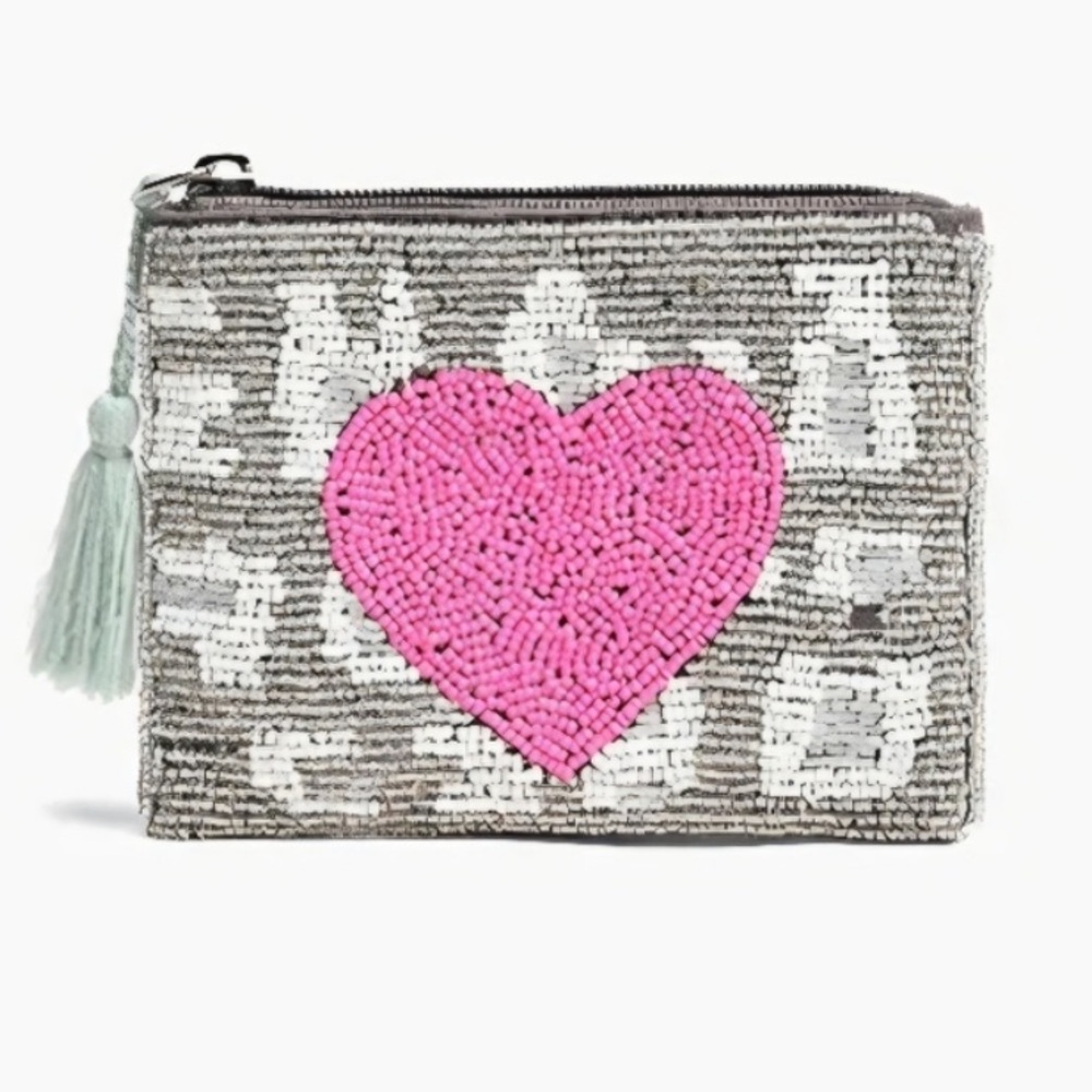 Handcrafted Pink Heart Beaded Zip Pouch Clutch Travel Makeup Bag